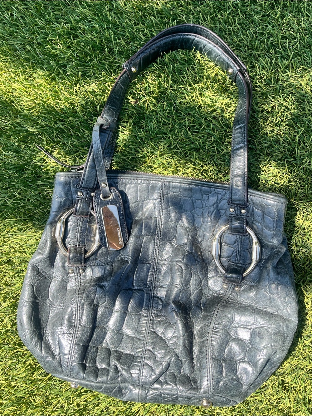 b. makowsky Black Croc-Embossed Leather Tote with Silver Rings